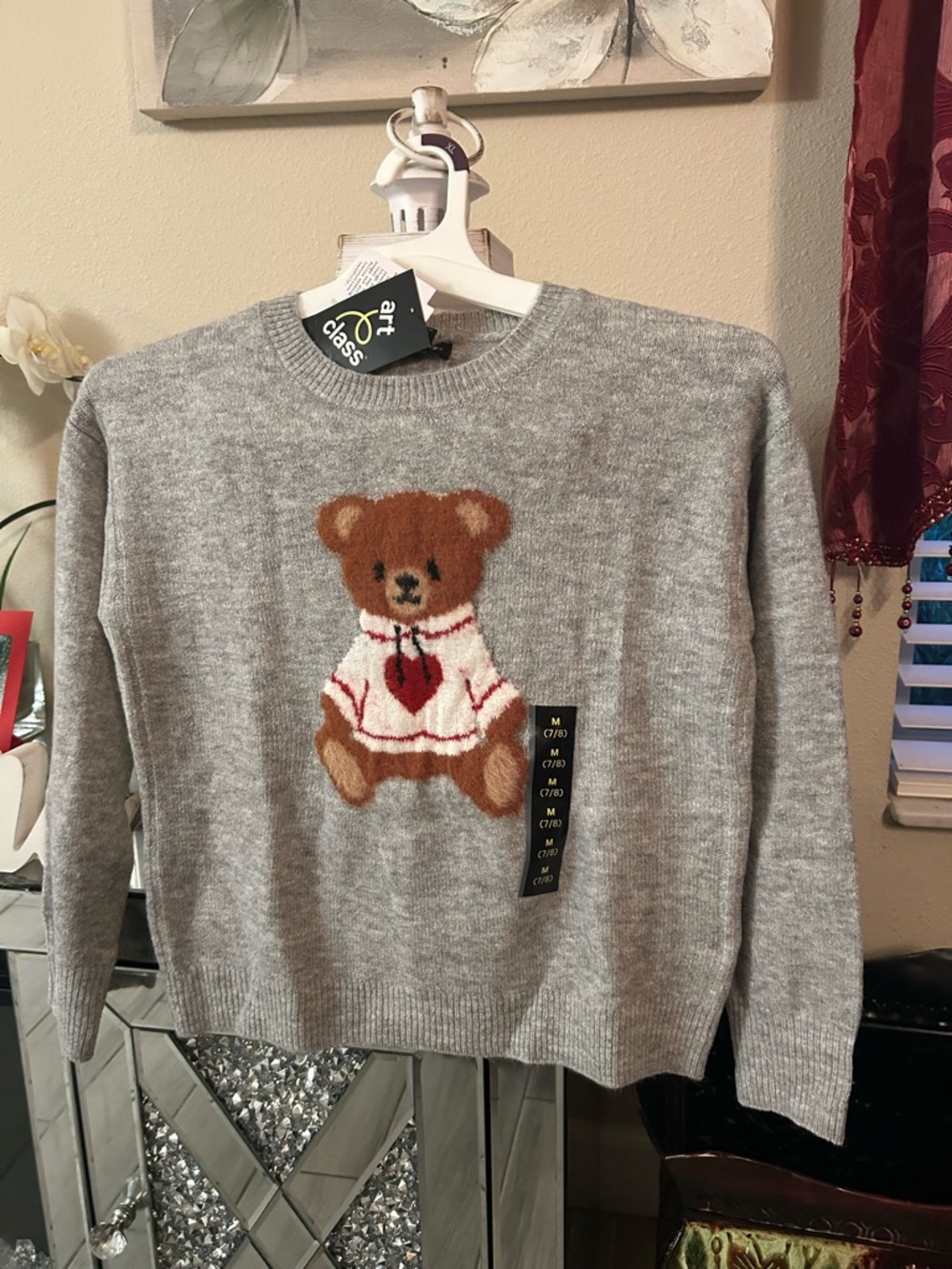 art class Gray Crewneck Sweater with Brown Teddy Bear